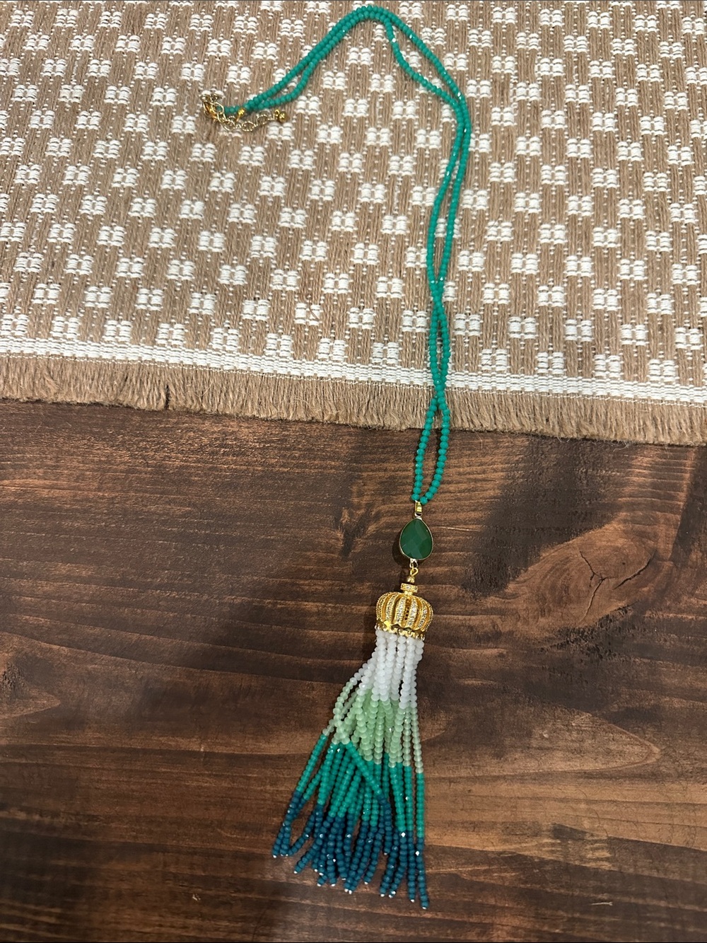 Green Beaded Necklace with Gold Accent - Women Accessories